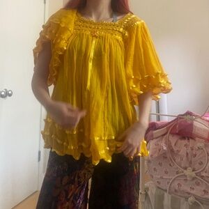 Vintage 1970s Yellow Flowy Gauze Blouse